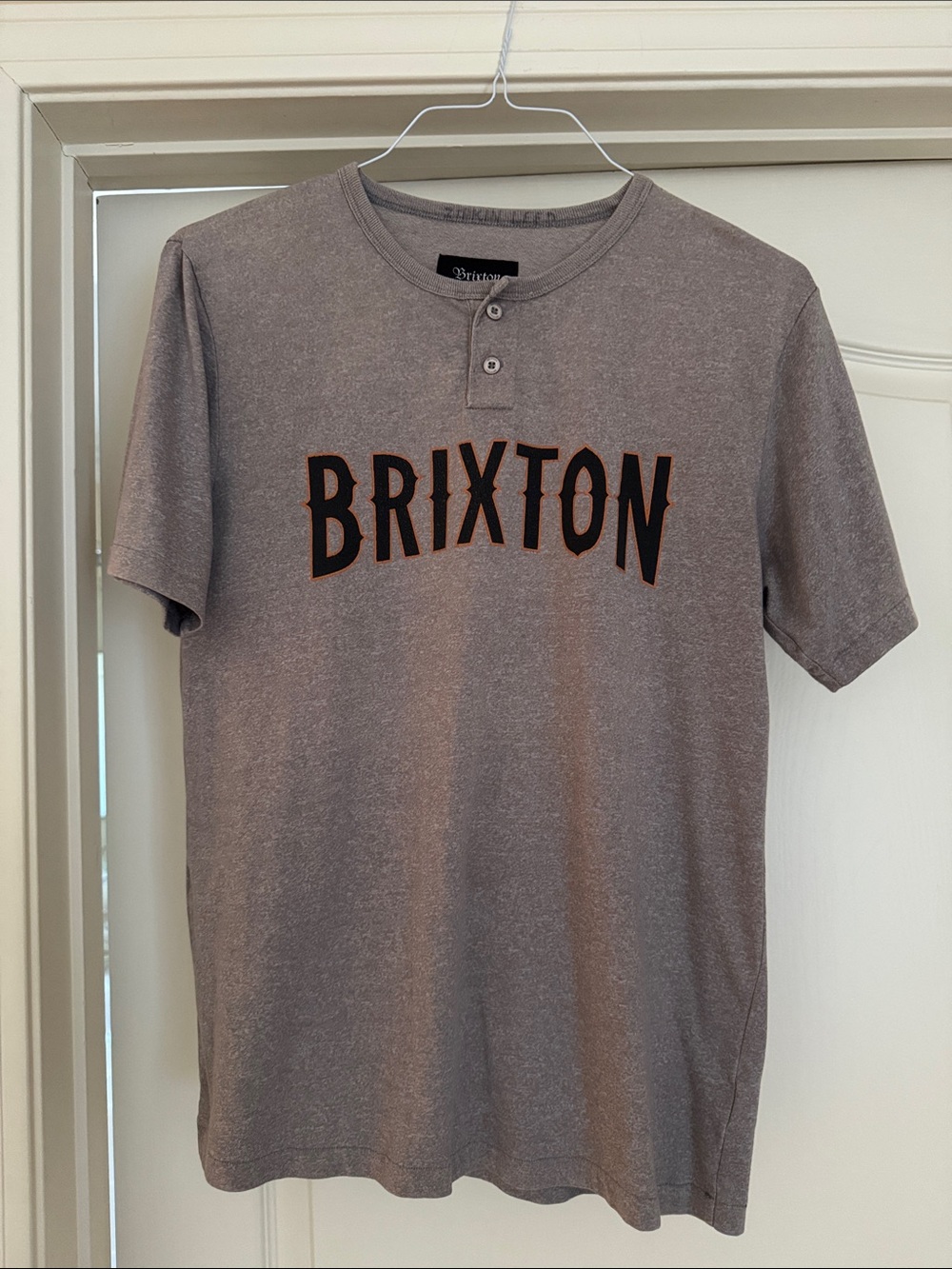 Medium- Brixton Gray Short-Sleeve Henley with Black and Orange Logo